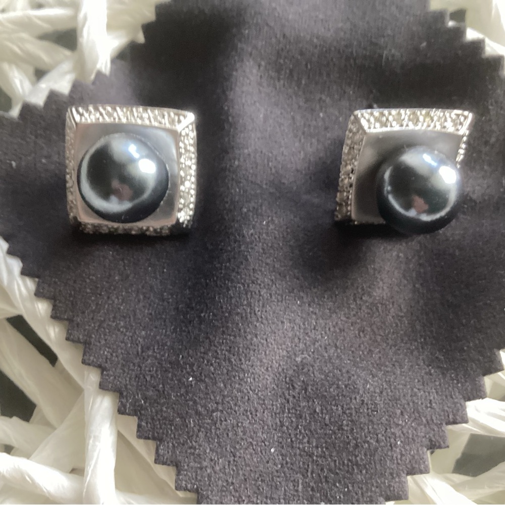Sterling Silver Black Pearl Drop Earrings with Pave Accents - Picture 6 of 6